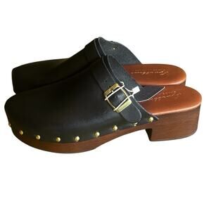 Avellini Leather Upper  Black  Slip On Mules with Wooden Sole Sz 40 NWT